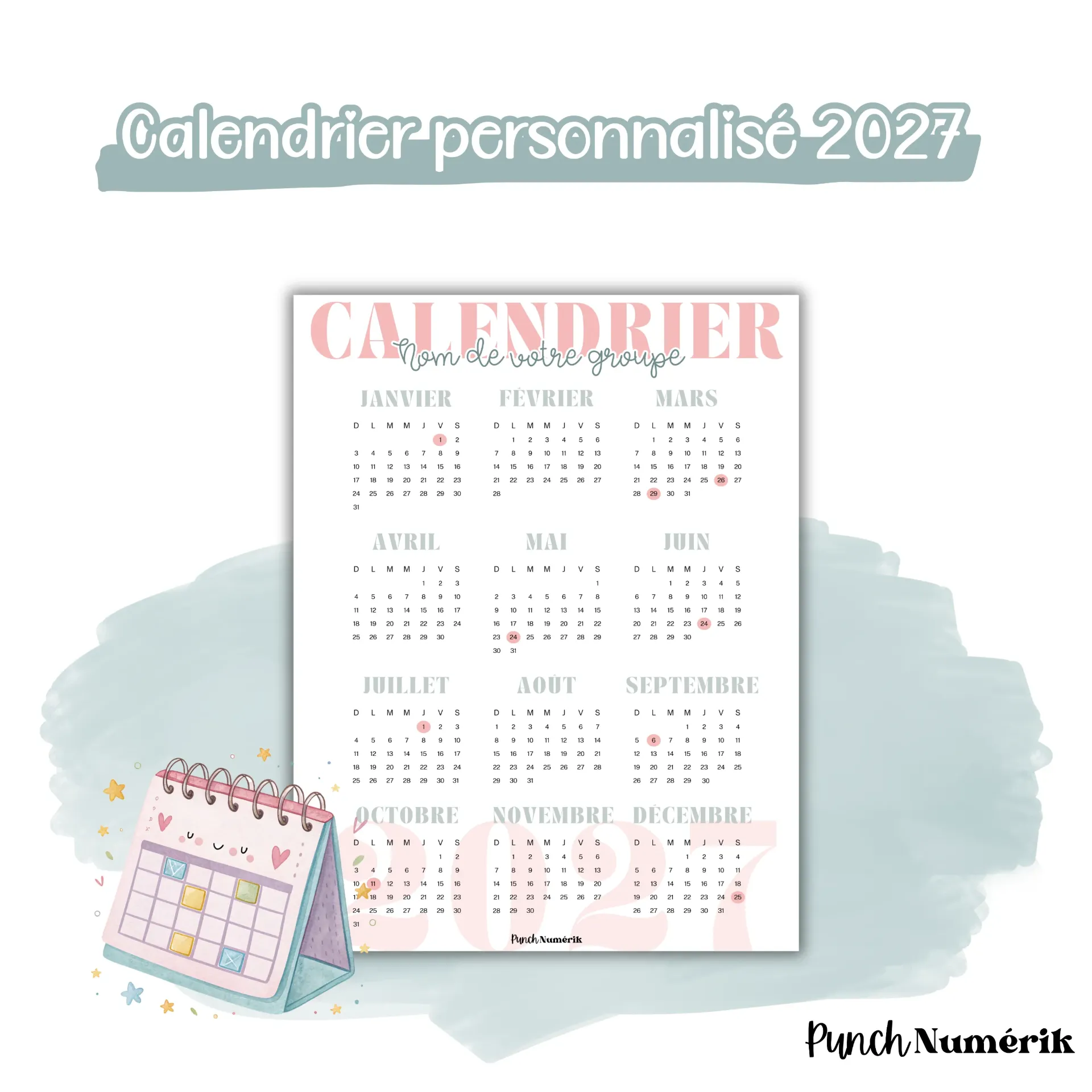Calendrier personnalisé 2027