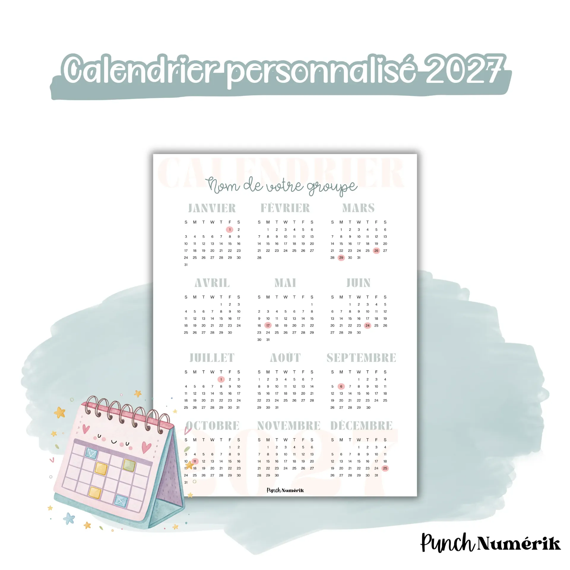 Calendrier personnalisé 2027