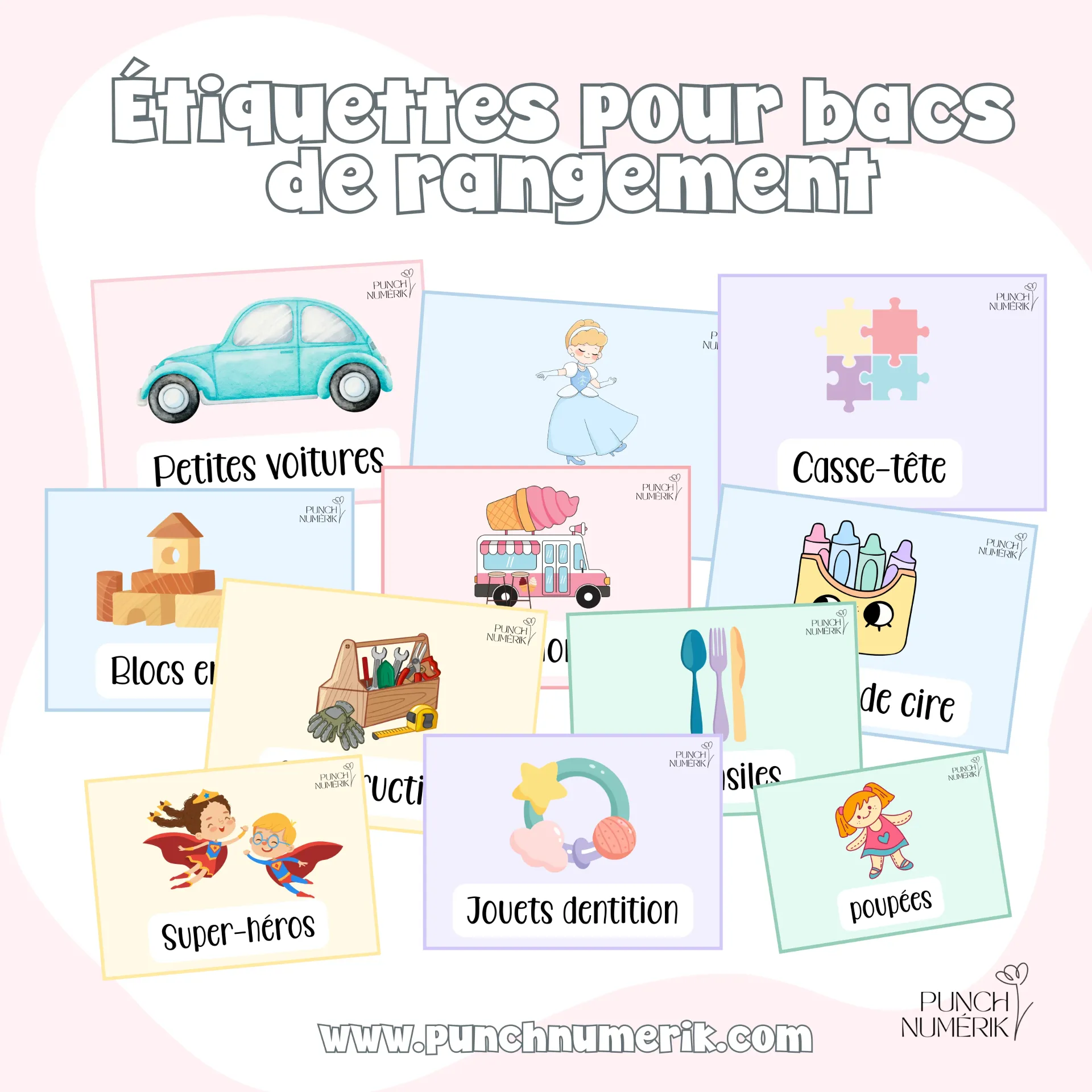 Étiquettes pour bacs de rangement – 54 modèles
