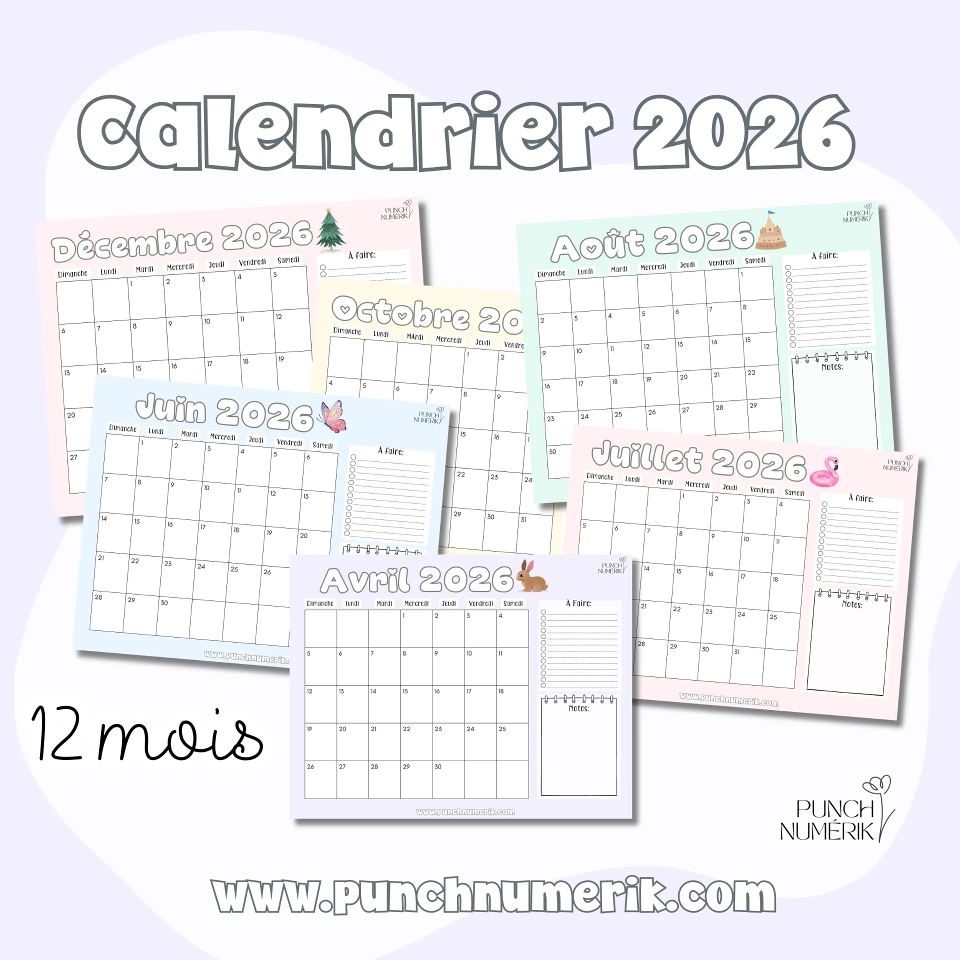 Ensemble de 12 calendriers – année 2026