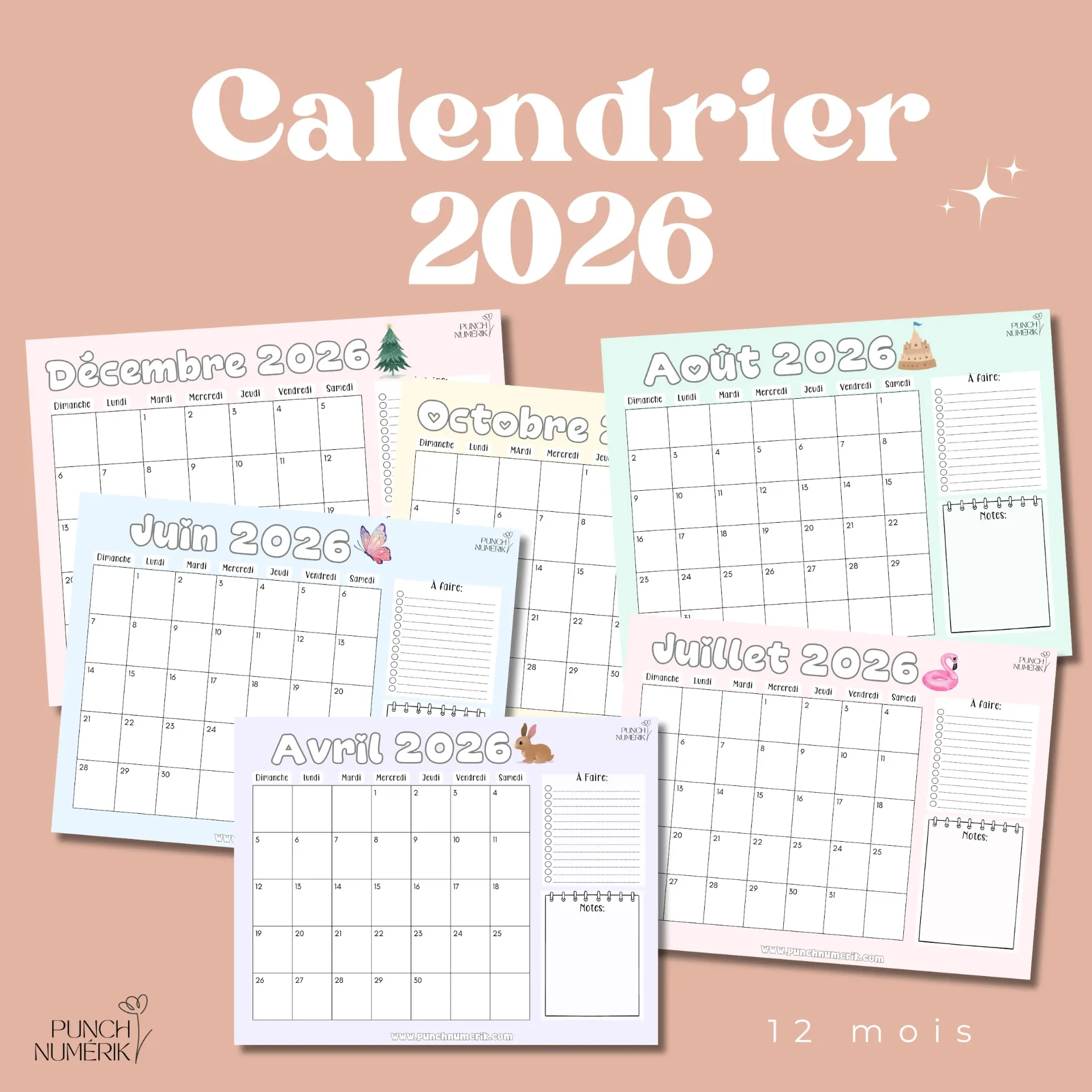 Ensemble de 12 calendriers – année 2026